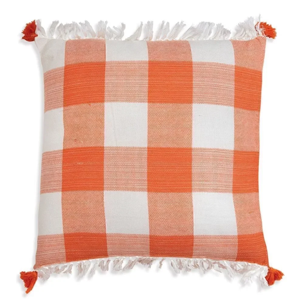 NEW! Orange Cotton Gingham Buffalo Plaid Throw Pillow Tassels Farmhouse Country